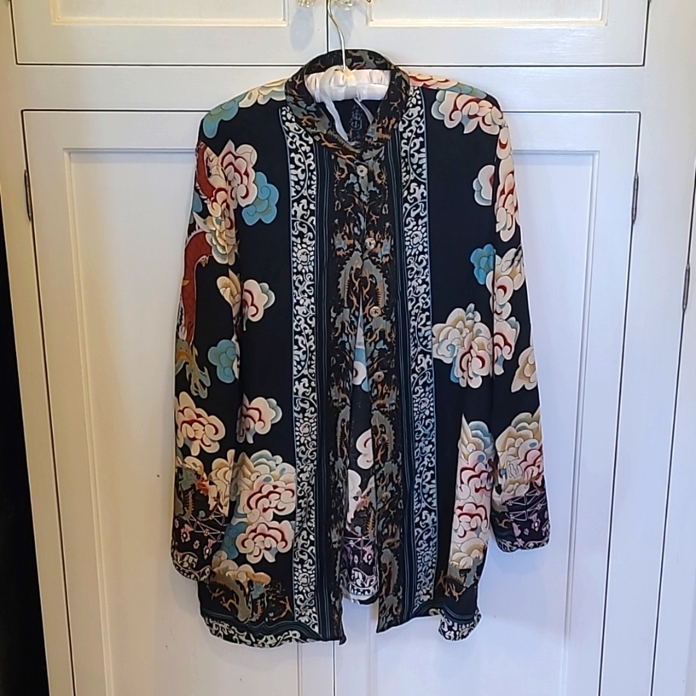 Citron embossed silk dragon kimono top